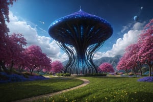 (best quality, masterpiece:1.3), high fantasy, c0raline_style,  (stop motion), alien architecture, colorful, (cinematic), stylish, focus, dreamy, extremely detailed and dynamic, (hyperrealistic, photoreal:1.1), cg unity wallpaper, high contrast, uhdr, full angle view, bloom, dynamic lighting, volumetric, deep depth of field:1.3), bokeh, expressive, intricate design, floating particles, dark, field, outdoors, nature, sky, grass, more detail XL,madgod,Movie Still