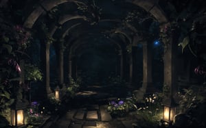 (Masterpiece, Best Quality:1.3), highres, (8k resolution), madgod, horror, floating,  demon, full angle view, hyperrealistic, raytracing, extremely detail, full background, falling, silver trim, flower, fantasy, nightmare, bloom, cinematic lighting, dynamic, intricate details,deep depth iof field, twisted horn, haunting, underworld, green water, depth, indoors, dungeon, graveyard, dark, night, motion blur, misty, fog, atmosphere, (no humans), scenery, photorealistic, blurry background, (details:1.2), bare tree, spooky, eerie, fantastic composition, cinematic, volumetric lighting, sweetscape,More Detail,retro artstyle