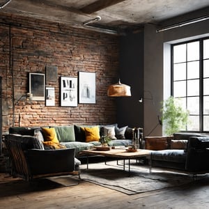 Generate a 3D render of a living room with industrial style

