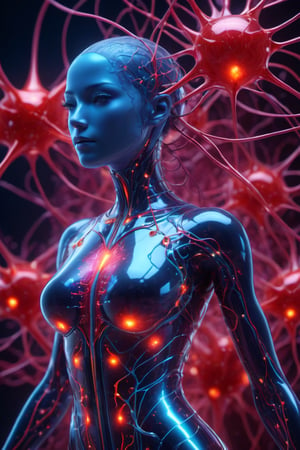 blood as part of a human female, body, front facing, full body, front side, subsurface scattering, transparent, translucent skin, glow, Bioluminescent blood neurons,3d style, cyborg style, Movie Still, Leonardo Style, cool colors, vibrant, volumetric light, wide angle shot, fractal neuron background