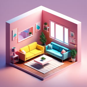 cube cutout of an isometric living room, isometric 3d render, pastel colors, soft lighting, high detail behance, ray tracing