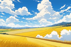 Autumn, golden land, golden rice fields, Japanese anime style, blue sky and white clouds, extremely broad field of vision, jet wake, thick clouds, , Showa era style