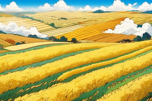 Autumn, golden land, golden rice fields, Japanese anime style, blue sky and white clouds, extremely broad field of vision, jet wake, thick clouds, , Showa era style