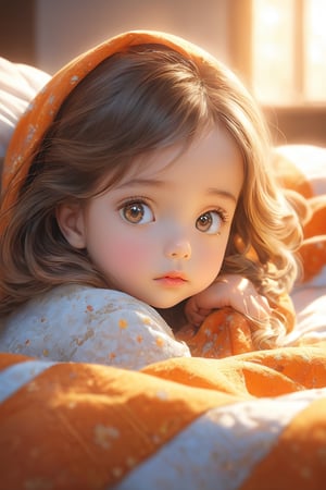 best quality, masterpiece, beautiful and aesthetic, vibrant color, Exquisite details and textures,  Warm tone, ultra realistic illustration,	(cute girl, 3year old:1.5),	cute eyes, big eyes,	(a sullen look:1.2),	16K, (HDR:1.4), high contrast, bokeh:(1girl, eyes closed, sleep, laying on bed, cover herself with quilt, big white bed, no light in background), (face close-up, focus ob face), ultra hd, realistic, vivid colors, highly detailed, UHD drawing, perfect composition, beautiful detailed intricate insanely detailed octane render trending on artstation, 8k artistic photography, photorealistic concept art, soft natural volumetric cinematic perfect light. 