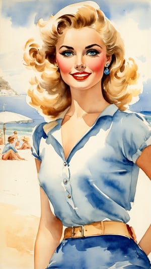 Vintage watercolor of a beautiful woman with blonde hair and blue eyes, very similar to Miroslava Stern, wearing a pin-up style capri blue short jumper, in front of a beach. Full body image.