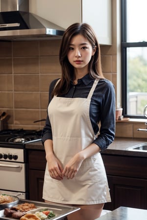 masterpiece, best quality, beautiful mid-twenty japanese woman, perfect female figure, (soft light, dimly lit, low key), long-sleeved shirt and short dress, with a long apron, home kitchen, attentive cooking something for dinner, pan, dishes,  from below, thighs focus, detailed real skin texture, detailed fabric rendering, 