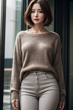 best quality, (mature:1.3), perfect face, beautiful face, sharp focus, beautiful woman, tall stature, sexy, shiny skin, gray sweater, black loose pants, from below thighs focus, soft light, cinematic lighting, sleet, night, outdoor, depth of field, detailed eyes and facial, detailed real skin texture, detailed fabric rendering,