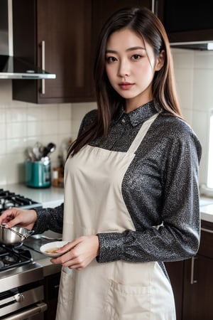 (masterpiece, best quality, 8K, 32K, UHD:1.2), beautiful mid-twenty japanese woman, perfect female figure, (soft light, dimly lit, low key), long-sleeved shirt and short dress, with a long apron, home kitchen, attentive cooking something for dinner, pan, dishes,  from below, thighs focus, detailed real skin texture, detailed fabric rendering, 