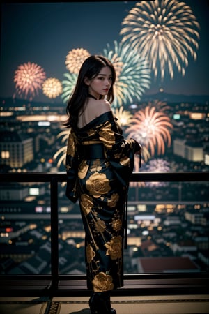 (Best quality, 8k, 32k, realism, photoreal, highres, UHD:1.2),Photo of Pretty Japanese woman, 1woman, 24yo, (shoulder length dark brown hair), double eyelids, glossy full lips, slender legs, curves body, pale skin, luxurious yellow floral embroidery kimono, ornate embroidery, (nighttime, dark theme:1.4), huge white room, french windows, (beautiful city night views and a grand fireworks display with brilliant colors:1.4), many (vibrant colors) huge fireworks raised high, watching fireworks, full body portrait, cozy and aesthetics, sharp focus, from behind slightly above, ray tracing,epiC35mm,,,<lora:659111690174031528:1.0>