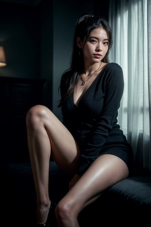 (Best quality, 8k, 32k, Masterpiece, Photorealistic, high contrast, UHD:1.2),lifelike rendering, Photo of Pretty Japanese woman, 1girl, 24yo, stunning, (medium dark brown ponytail), double eyelids, highly detailed glossy eyes, glossy lips, detailed facial features, natural medium-large breasts, wide hips, slender legs, balanced female body, soft curves, (pale skin:1.2), necklace, cardigan, loose nightdress, pumps heels, (midnight, night, dark theme:1.4), luxurious hotel room, huge white room, charming face, smile, from below, legs focus, photon mapping, ray tracing, beautiful legs, detailed eyes, detailed hair, detailed fabric rendering,