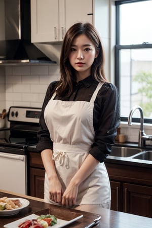 (masterpiece, best quality, 8K, 32K, UHD:1.2), beautiful mid-twenty japanese woman, perfect female figure, (soft light, dimly lit, low key), half open long-sleeved shirt and short dress, with a long apron, home kitchen, attentive cooking something for dinner, pan, dishes,  from below, thighs focus, detailed real skin texture, detailed fabric rendering, 