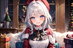masterpiece, best quality, higly detailed, 1girl, furina, a Christmas tree, a Christmas outfit, a Christmas gift, smiling, eyes wide open, blushing