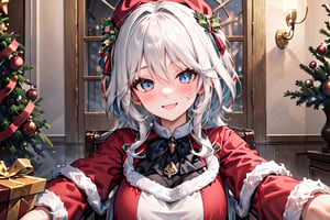 masterpiece, best quality, higly detailed, 1girl, furina, a Christmas tree, a Christmas outfit, a Christmas gift, smiling, eyes wide open, blushing