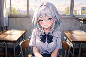 masterpiece, best quality, higly detailed, 1girl, furina,  sitting in class, school uniform, smiling, eyes wide open, blushing