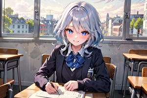 masterpiece, best quality, higly detailed, 1girl, furina,  sitting in class, school uniform, smiling, eyes wide open, blushing