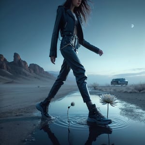 Realistic 8K resolution light blue tone colors photography of 1 girl with exquisitely perfect face, wearing fashionable leather outfit and sneakers, walking away with firm steps on desert, Desert flower stuck in a puddle of water, in her path, background dark sky, front view, Dutch Angle (from the side) view Extreme Close shot (focus on feet), Equirectangular, Aestheticism.
break, 
1 girl, Exquisitely perfect symmetric very gorgeous face, perfect breasts, Exquisite delicate crystal clear skin, Detailed beautiful delicate eyes, perfect slim body shape, slender and beautiful fingers, nice hands, perfect hands, illuminated by film grain, realistic skin, dramatic lighting, soft lighting, exaggerated perspective of ((fisheye lens depth)), realistic textures,