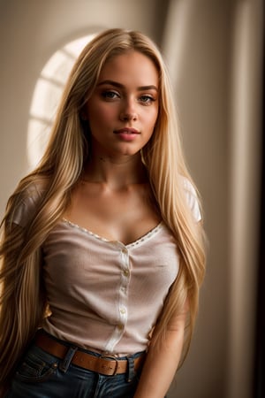 glamour photography of a stunning beautiful young woman, aged 25,long blonde hair, wearing blouse and jeans, dramatic rim lighting, (shot from a dutch angle:1.5)
