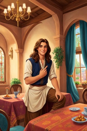 A beautiful and charming Disney storybook page illustration of a castle dining room with a beautiful long-haired androgynous young man 
with long lustrous and silky wavy brown hair and a rounded delicate face wearing an elegant dhoti, settled in his seat amidst the splendid room, with feminine grace, colourful and vibrant, cute, handrawn Disney art, 1940s, 1960s, 4K UHD,KidsRedmAF