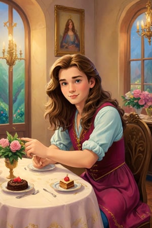 A beautiful and charming Disney storybook page illustration of a castle dining room with a beautiful long-haired androgynous young man 
with long lustrous and silky wavy brown hair and a rounded delicate face, wearing an elegant gown, settled in his seat amidst the splendid dining room with feminine grace, luxurious decorations, ornate room design, castle interior, colourful and vibrant, cute, handrawn Disney art, 1940s, 1960s, 4K UHD,KidsRedmAF