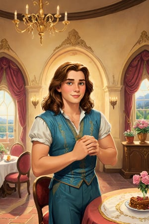 A beautiful and charming Disney storybook page illustration of a castle dining room with a beautiful long-haired androgynous young man 
with long lustrous and silky wavy brown hair and a rounded delicate face wearing an elegant dresd, settled in his seat amidst the splendid dining room, with feminine grace, luxurious decorations, ornate room design, castle interior, colourful and vibrant, cute, handrawn Disney art, 1940s, 1960s, 4K UHD,KidsRedmAF