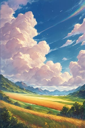 score_9_up, score_8_up, score_7_up, source_anime, illustration, watercolor, outdoors, cloud, sky, meadow, rainbow, day, detailed_background, 