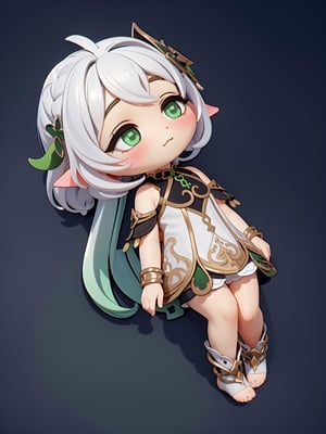 nahida \(genshin impact\), chibi, 3d, render, pvc, (right ponitail), green eyes, high lights, light aura, best quality, masterpiece, a very delicate and beautiful, (one little and cute girl at the center:1.2), (solo:1.3), outdoors, QiqiFallen,  on back ,QiqiFallen