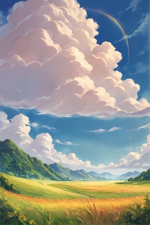 score_9_up, score_8_up, score_7_up, source_anime, illustration, watercolor, outdoors, cloud, sky, meadow, rainbow, day, detailed_background, 