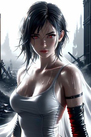final fantasy,realistic,minimalism style,ghostly beauty, contract black and white style, her sweat and hot body, red_eyes, Apocalypse