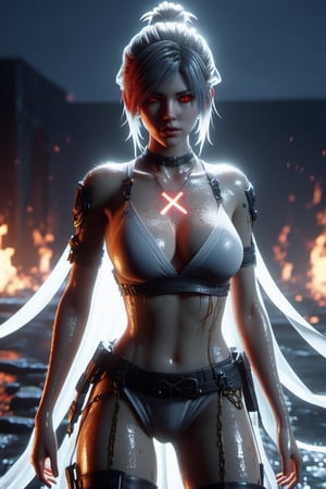 Graphics Unreal Engine 5, 3D Modeling,wet,final fantasy XVI,realistic,minimalism style,ghostly beauty,  have sweat and hot body, detailed her body, red_eyes, sweat hair, Apocalypse, 