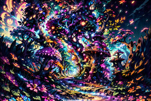 (high res) ,(masterpiece:1,2), (best quality), autumn, surrealism (karst bay at night:1.2), opalescence trees, neon flowers, whimsical, beautiful,no_humans,High detailed ,psychedelic