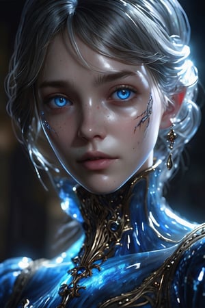 (masterpiece), glass girl, body made out of glass, intricate beauty, bioluminescence, blue veins, detailed eyes, sparkling, reflections, (translucent), elegant, simple background, dim light, volumetric lighting, hyper realistic, blurry foreground, blurry background, (bloodborne:1.1) 