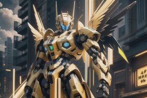 a black mecha flying in the darkness with yellow neon lights in his chest and eyes, big dark wings with yellow neon on the edge, debris and black clouds below him, bullet tracing pointing on him, realistic, ultra-detailed, high_resolution, high_quality, full_body,Golden Warrior Mecha,wrenchsmechs