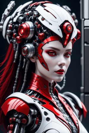 a female white manequeen with red mechine on head, humanoid cyborg, bio mechanical, no expresion, digital background, white and red matrix effect as a background, ultra-detailed, realistic, high quality, high_resolution,cyborg style