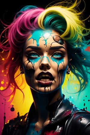 painting of a woman with a skull on her head and a woman with a bloody face, Colorful cinematography, Scary color graphics in 4 K, by Galen Dara, Portrait of Kim Petras, vibrant fan art, Anna Dittman, detailed 4k horror artwork, stunning art style, mud, resembling a mix of mud, looks like a mix of mud,mj,Psychogenic Dream,Crazy face 