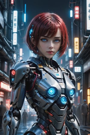 1girl, an android girl, cybernetically_enhanced, with mechanical arms and legs, a blue orbs in the middle chest, mechanical_arms, light_blue_eyes, glowing_eyes, short_hair, bob_cut, hair_bangs, (black and red lines hair: 1.2), outdoor, cyberpunk city, mechanical buildings, at night, (masterpiece: 1.1), (realistic, photorealistic: 1.2), complex_background, ultra detailed, high_quality, high_resolution, 16k,Mecha,mecha\(hubggirl)\,Energy light particle mecha