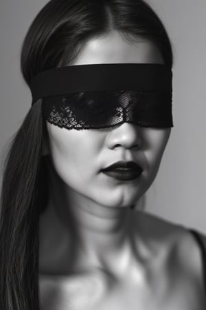 portrait, ((black and white)), blindfolded girl, blood tears, long_hair, black_hair, simple_background, masterpiece, ultra_detailed, 8k,Lace Blindfold,halsman