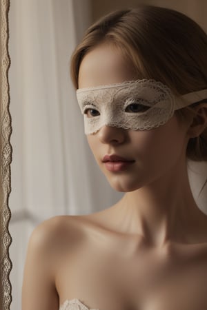 In a world of shadows and secrets, there stands a beautiful girl, her eyes concealed behind a delicate blindfold. Despite her lack of sight, she radiates an aura of ethereal beauty, her features sculpted with grace and elegance,Lace Blindfold