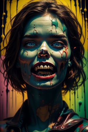 painting of a woman with a skull on her head and a woman with a bloody face, Colorful cinematography, Scary color graphics in 4 K, by Galen Dara, Portrait of Kim Petras, vibrant fan art, Anna Dittman, detailed 4k horror artwork, stunning art style, mud, resembling a mix of mud, looks like a mix of mud,mj,Psychogenic Dream,Crazy face ,horror