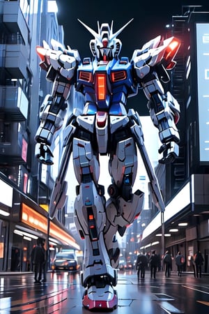 holographic glitchdatamoshed giant mecha, walking in the city, lawrencium lights, broken mecha, robot, masterpiece, realistic, 8k, BJ_Gundam