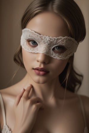 In a world of shadows and secrets, there stands a beautiful girl, her eyes concealed behind a delicate blindfold. Despite her lack of sight, she radiates an aura of ethereal beauty, her features sculpted with grace and elegance,Lace Blindfold