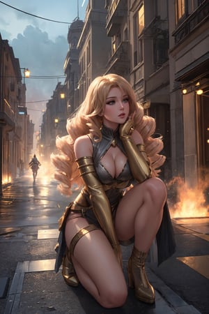 Masterpiece, best quality, (highly detailed raw photo:1.2), 8k render in redshift, volumetric lighting, volumetric shadows, waist-up, bokeh woman, luxury fabrics, Leaning forward, hands braced on knees, honey blonde, big hair, twin drills, heroic fantasy, a city under attack by giant robots, vatican city