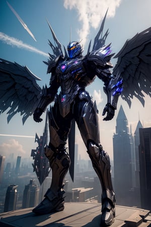 a man in an hades_armor with metal wings flying over a stunning futuristic city, masterpiece, best quality, volumetric lighting, volumetric shadows