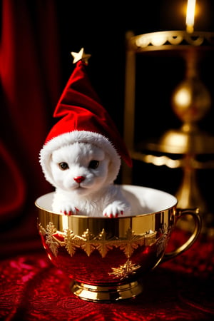 masterpiece, photorealistic highly detailed  8k photography, best cinematic quality, volumetric lighting and shadows, a dark gothic, White dragon baby wearing a red Christmas hat, in a golden Christmas cup. surrounding by dark gothic room