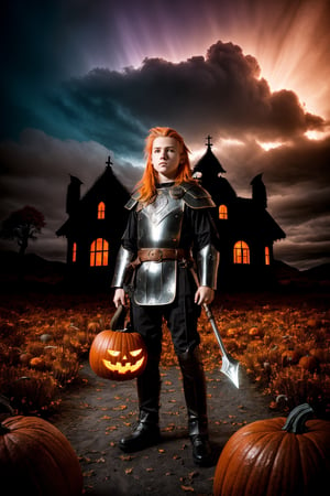 absurdres, highres, ultra detailed, (1boy:1.3), BREAK, infrared photography, otherworldly hues, surreal landscapes, unseen light, ethereal glow, vibrant colors, ghostly effect, 1 Viking Warrior, light Blond hair, ((braded hair)), Viking axe, leather armor, brown and black clothing, halloween, a pumpkin, haunting house