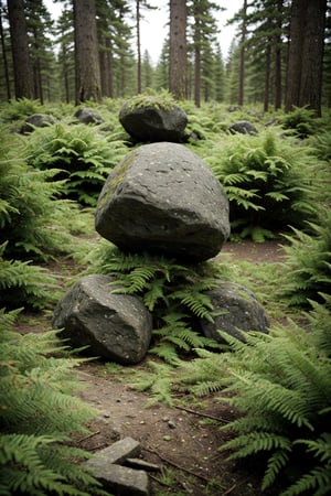 (Masterpiece),best quality,A clearing, roughly 100’ in diameter, is filled
with rustling spiderbushes blooming with tiny
blue-white flowers. A large pile of black basalt
boulders sits at the clearing’s western edge. The
pile is surrounded by ferns, but a large clump
are yellowed and appear to be dying.