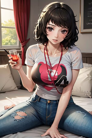 (masterpiece, best quality:1.2), , sadayokawakamiswimsuit, 1girl, solo, bangs, large breasts, striped, t-shirt,denim pants, drinking,trashed,laugh, on bed