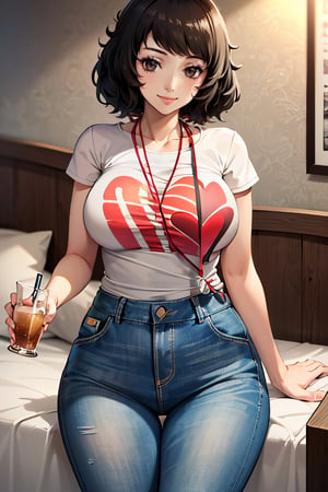 (masterpiece, best quality:1.2), , sadayokawakamiswimsuit, 1girl, solo, bangs, large breasts, striped, t-shirt,denim pants, drinking,smile, on bed