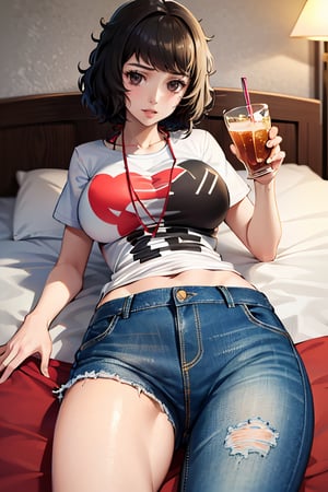 (masterpiece, best quality:1.2), , sadayokawakamiswimsuit, 1girl, solo, bangs, large breasts, striped, t-shirt,denim pants, drinking,trashed,laugh, on bed