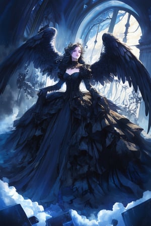 Title- 'Ebon Wings- The Enigmatic Fallen Angel by kyo8sai'  In the realm of shadows and mystery, a solitary figure emerges, embodying the essence of a fallen angel. With ebony wings spread wide, she captivates all who behold her ethereal presence. Cloaked in darkness and adorned in a gothic lolita dress, she weaves a tale of enigmatic beauty.  Her black wings, a symbol of her otherworldly nature, stretch majestically behind her. They shimmer with an otherworldly iridescence, casting an enchanting aura around her as she moves with grace and poise. These wings, once symbols of heavenly flight, now reflect the complexities of her journey and the beauty found amidst darkness.  Her attire, a gothic lolita dress, combines elements of elegance and darkness. The dress features intricate lace and ruffled details, drawing the eye to its exquisite craftsmanship. The gothic undertones fuse with a touch of sweetness, creating a unique and captivating aesthetic that mirrors her own complex nature.  Peering through a pair of glasses, she exudes an air of intelligence and curiosity. These spectacles lend an intellectual allure to her enigmatic presence, hinting at the depths of knowledge and wisdom she possesses. They serve as a window to her soul, revealing both vulnerability and strength.  As the embodiment of the fallen angel, she is a mesmerizing combination of light and darkness. Her presence is an enigma, leaving those who encounter her in awe and fascination. With each step she takes, she dances between the realms of heaven and earth, embracing the complexities of her identity.  In this captivating portrayal of a fallen angel, beauty emerges from the shadows. She challenges conventional perceptions and invites onlookers to explore the depths of their own souls. With her gothic lolita dress, black wings, and glasses, she paints a picture of strength, allure, and the eternal quest for understanding.  'Ebon Wings- The Enigmatic Fallen Angel' invites you to delve into the mysteries of the human spirit, to embrace the darkness within, and to find beauty even in the most unconventional places. It is a reminder that there is enchantment in the shadows, and that the journey of self-discovery often leads to the most breathtaking revelations.