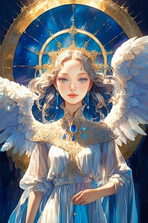 1girl, solo, long hair, looking at viewer, blush, bangs, blue eyes, jewelry, closed mouth, upper body, white hair, earrings, wings, english text, lips, book, halo, feathered wings, angel wings, white wings, angel Title: "Ethereal Whispers: The Enchanting Girl with Feathered Wings by kyo8sai". In the realm of artistic enchantment, where imagination and beauty intertwine, behold a captivating portrait that transcends the boundaries of reality. A single figure graces the canvas—a young girl with long, flowing hair that cascades down her back. Her gaze, directed towards the viewer, holds a mesmerizing allure, inviting one to delve into the depths of her mysterious world. Her soft blush adds a touch of innocence and vulnerability to her ethereal beauty.  Framing her delicate features, her hair falls in enchanting bangs, gracefully accentuating her captivating blue eyes. The intensity of her gaze exudes a sense of wisdom and wonder, drawing one into the depths of her soul. Adorned with delicate jewelry, she wears a pair of shimmering earrings that resemble angel wings, reflecting her celestial essence.  Her lips, gently closed, convey a sense of tranquility and secrecy, leaving one curious about the untold stories that reside within. The portrait focuses on her upper body, allowing the viewer to appreciate the intricate details of her attire and adornments. A book rests gently in her hands, its pages whispering tales of magic and enchantment.  Hovering above her, a halo-like white hair adds an ethereal glow to her being, hinting at her celestial nature. Feathery wings, resembling those of an angel, sprout from her back, resembling an intricate dance of delicate feathers. These wings, carefully rendered with meticulous attention to detail, give her an otherworldly charm, as if she is a guardian of ethereal realms.  Accompanying the image, English text reads, "Thank you for 6000 followers," serving as an expression of gratitude from the artist for the support and appreciation received on this creative journey. The words add a layer of warmth and connection to the already captivating composition, fostering a sense of unity between the viewer and the artist's enchanting muse.  In this world of wonder and beauty, the image captures the essence of a young girl with an enchanting presence, adorned with angelic accessories that evoke a sense of celestial magic. Her feathered wings, resembling a delicate embrace, and the halo-like white hair that frames her being, further enhance her ethereal charm. Through this captivating portrait, the artist invites us to explore the realms of imagination and embrace the whispers of enchantment that reside within our hearts.  As you immerse yourself in this magical realm, allow your imagination to weave tales of wonder and beauty, guided by the mesmerizing presence of the girl with feathered wings. Embrace the connection between art and audience, knowing that this evocative portrait is a testament to the artist's gratitude and the artistry that breathes life into their creations.